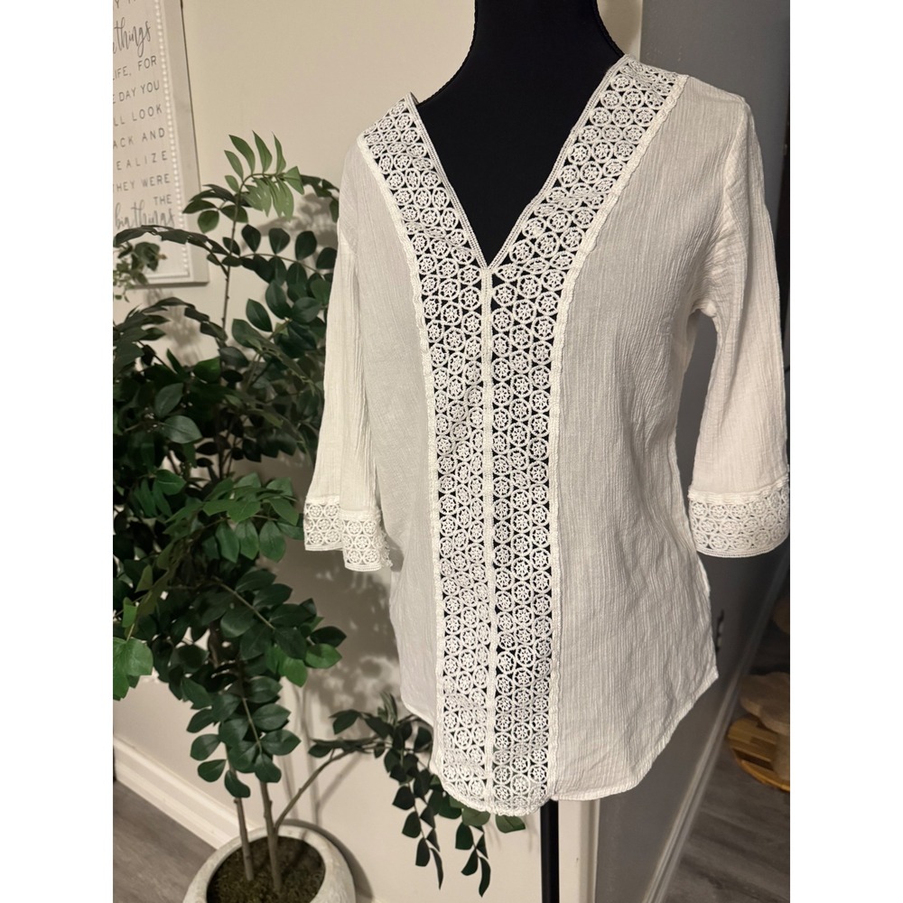 Esmara White Cotton Gauze Crochet Lace Trim V-Neck Tunic Blouse 3/4 Sleeve Top